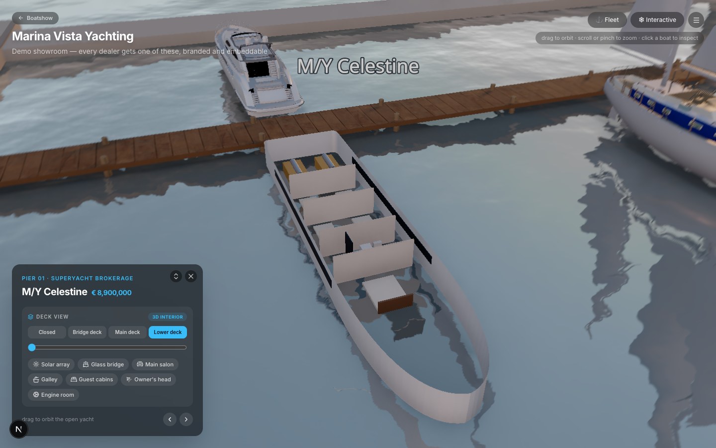 Deck-slice view of a superyacht with the lower deck open