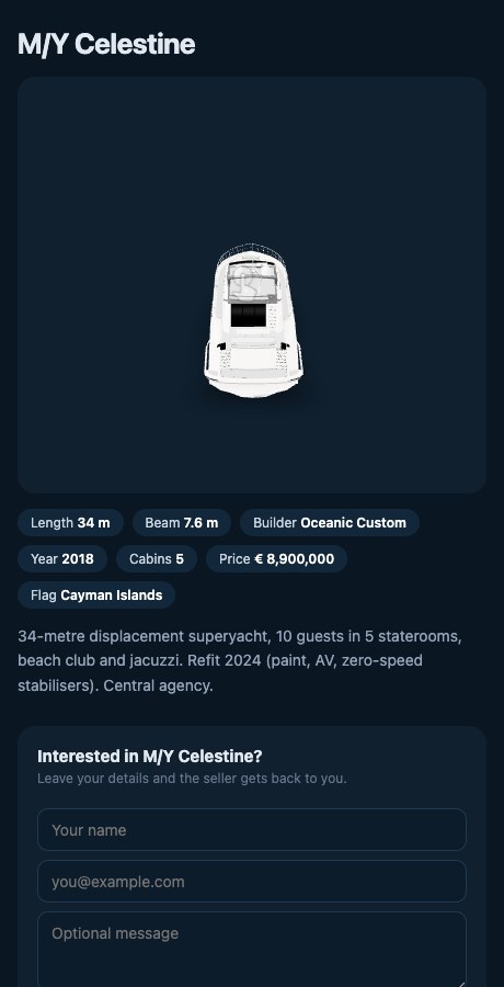 A boat's public owner's page with 3D model, specs and a lead form